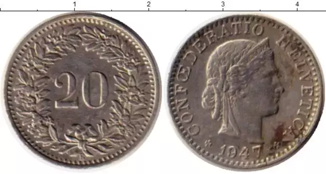 Монета 20 рапп Швейцарии 1947 года Медно-никель