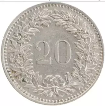 Монета 20 рапп Швейцарии 1947 года Медно-никель