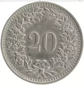 Монета 20 рапп Швейцарии 1947 года Медно-никель