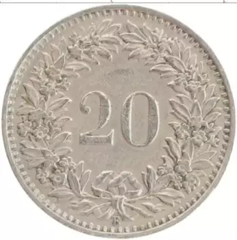 Монета 20 рапп Швейцарии 1951 года Медно-никель