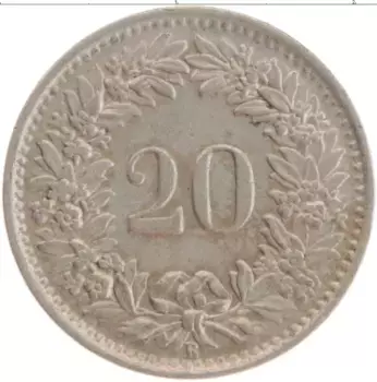 Монета 20 рапп Швейцарии 1953 года Медно-никель
