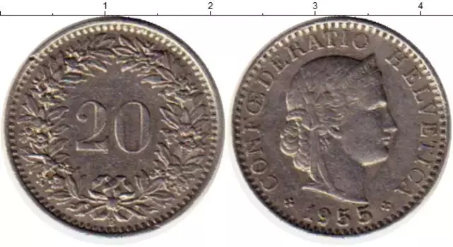 Монета 20 рапп Швейцарии 1955 года Медно-никель В