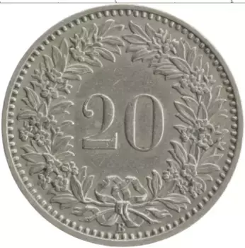 Монета 20 рапп Швейцарии 1958 года Медно-никель