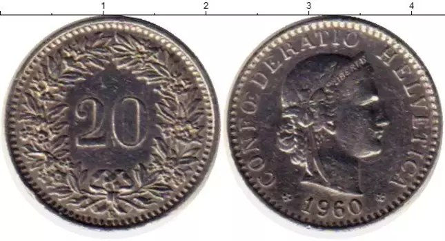 Монета 20 рапп Швейцарии 1960 года Медно-никель В