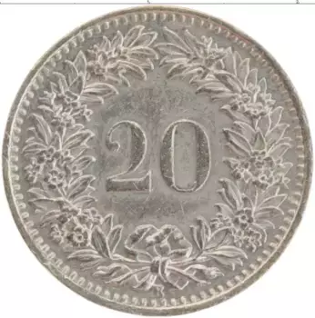 Монета 20 рапп Швейцарии 1962 года Медно-никель