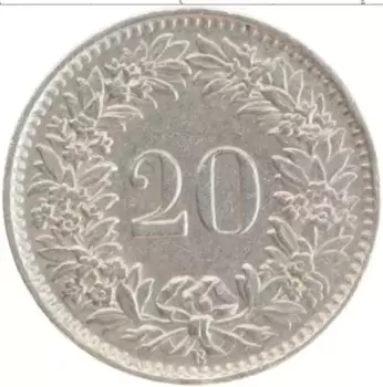 Монета 20 рапп Швейцарии 1964 года Медно-никель