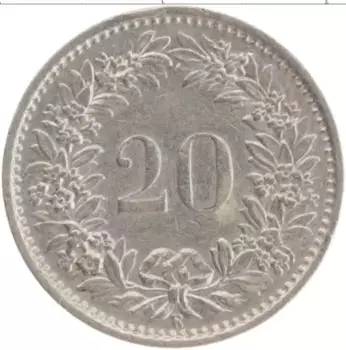 Монета 20 рапп Швейцарии 1966 года Медно-никель