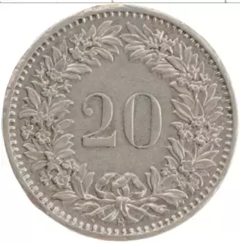 Монета 20 рапп Швейцарии 1967 года Медно-никель