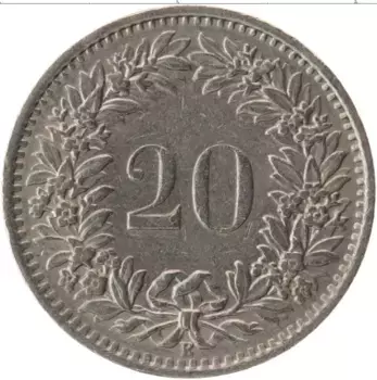 Монета 20 рапп Швейцарии 1969 года Медно-никель