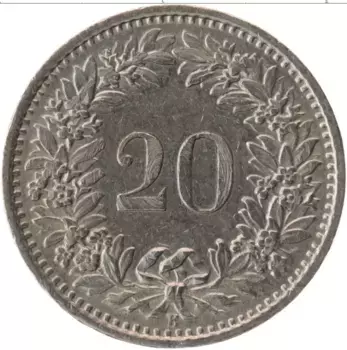 Монета 20 рапп Швейцарии 1969 года Медно-никель