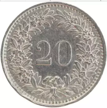 Монета 20 рапп Швейцарии 1969 года Медно-никель
