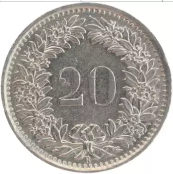 Монета 20 рапп Швейцарии 1969 года Медно-никель