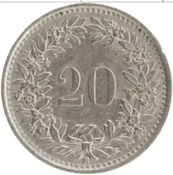 Монета 20 рапп Швейцарии 1969 года Медно-никель