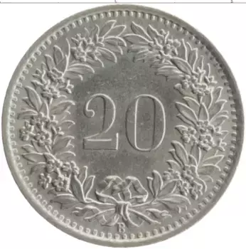 Монета 20 рапп Швейцарии 1969 года Медно-никель