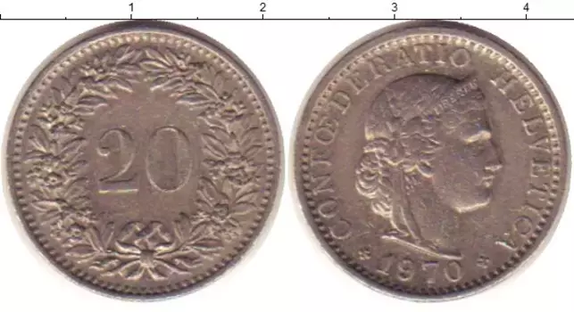 Монета 20 рапп Швейцарии 1970 года Медно-никель