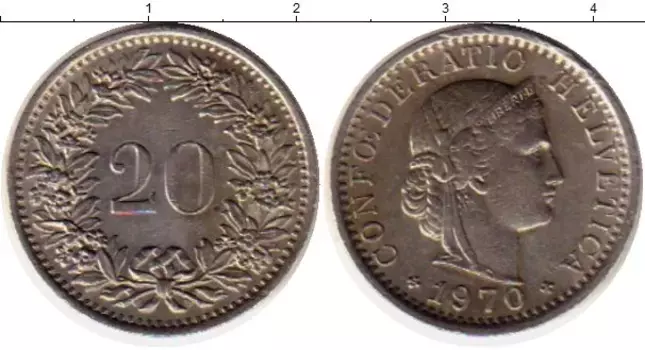 Монета 20 рапп Швейцарии 1970 года Медно-никель