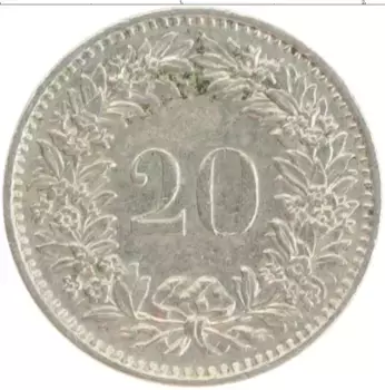 Монета 20 рапп Швейцарии 1970 года Медно-никель