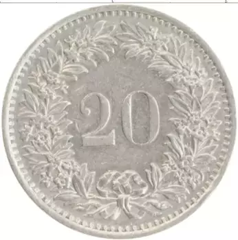 Монета 20 рапп Швейцарии 1970 года Медно-никель