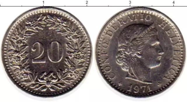 Монета 20 рапп Швейцарии 1971 года Медно-никель