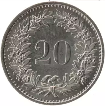Монета 20 рапп Швейцарии 1971 года Медно-никель