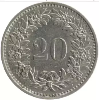 Монета 20 рапп Швейцарии 1971 года Медно-никель