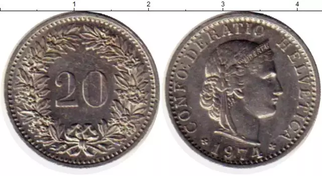 Монета 20 рапп Швейцарии 1974 года Медно-никель