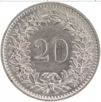 Монета 20 рапп Швейцарии 1974 года Медно-никель
