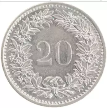 Монета 20 рапп Швейцарии 1974 года Медно-никель