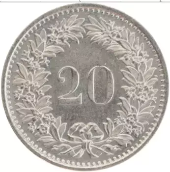 Монета 20 рапп Швейцарии 1975 года Медно-никель
