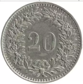 Монета 20 рапп Швейцарии 1978 года Медно-никель