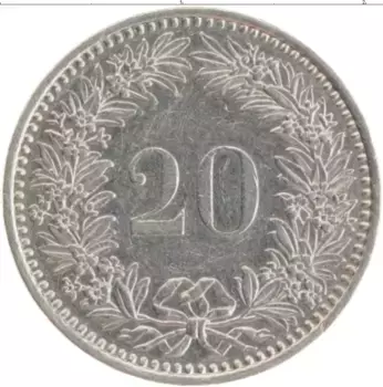 Монета 20 рапп Швейцарии 1985 года Медно-никель