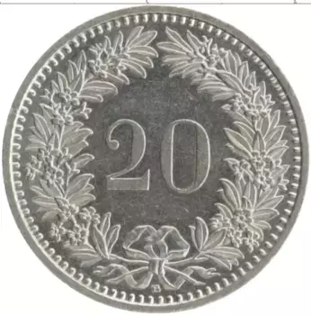 Монета 20 рапп Швейцарии 1988 года Медно-никель
