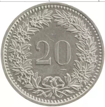 Монета 20 рапп Швейцарии 1991 года Медно-никель