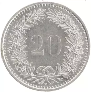 Монета 20 рапп Швейцарии 1993 года Медно-никель