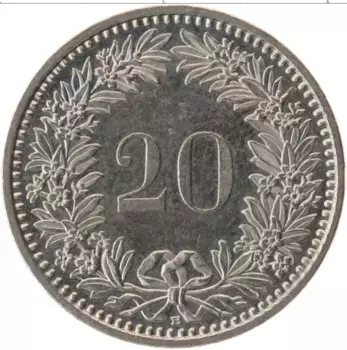 Монета 20 рапп Швейцарии 2008 года Медно-никель