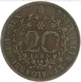 Монета 20 рейс Азорских островов 1865 года Медь Людовик I