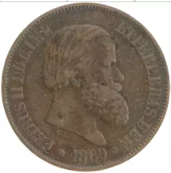 Монета 20 рейс Бразилии 1869 года Медь Петрус II