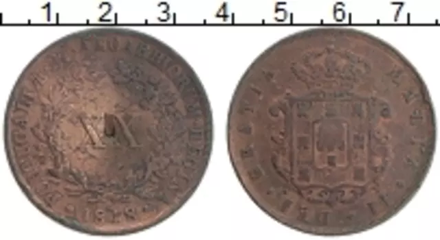 Монета 20 рейс Португалии 1848 года Медь Мария II