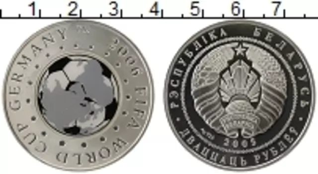 Монета 20 рублей Беларуси 2005 года Серебро Чемпионат мира по футболу