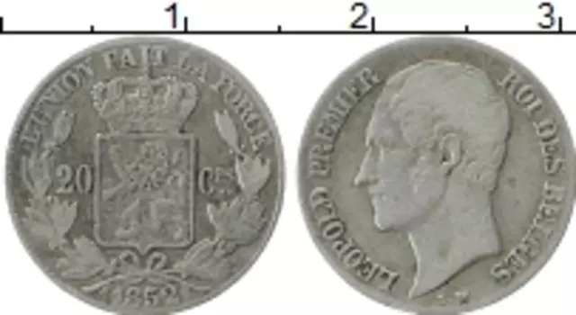 Монета 20 сантим Бельгии 1852 года Серебро Леопольд I