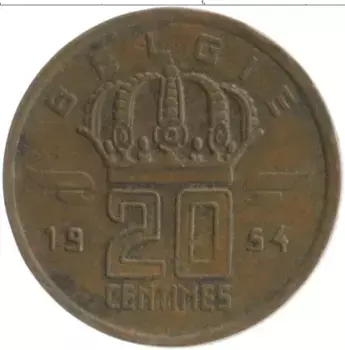 Монета 20 сантим Бельгии 1954 года Бронза Король Бодуэн