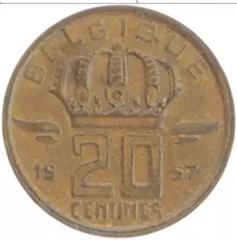 Монета 20 сантим Бельгии 1957 года Бронза Бодуэн I
