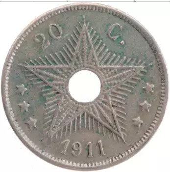 Монета 20 сантим Бельгийского Конго 1911 года Медно-никель