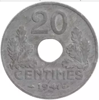 Монета 20 сантим Франции 1941 года Цинк