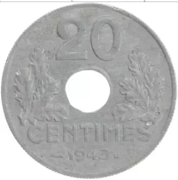 Монета 20 сантим Франции 1943 года Цинк