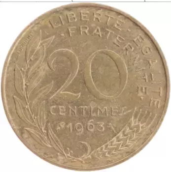 Монета 20 сантим Франции 1963 года Бронза