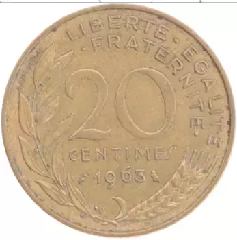 Монета 20 сантим Франции 1963 года Бронза