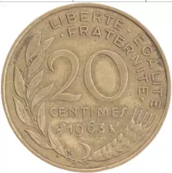 Монета 20 сантим Франции 1963 года Бронза
