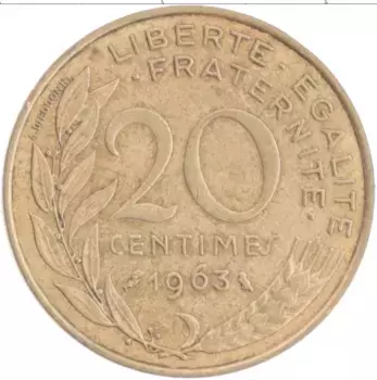 Монета 20 сантим Франции 1963 года Бронза