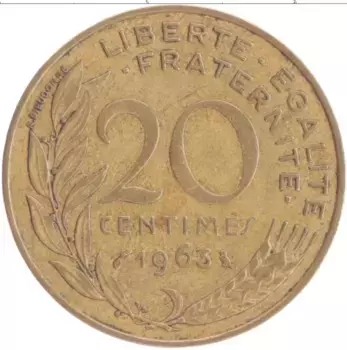 Монета 20 сантим Франции 1963 года Бронза
